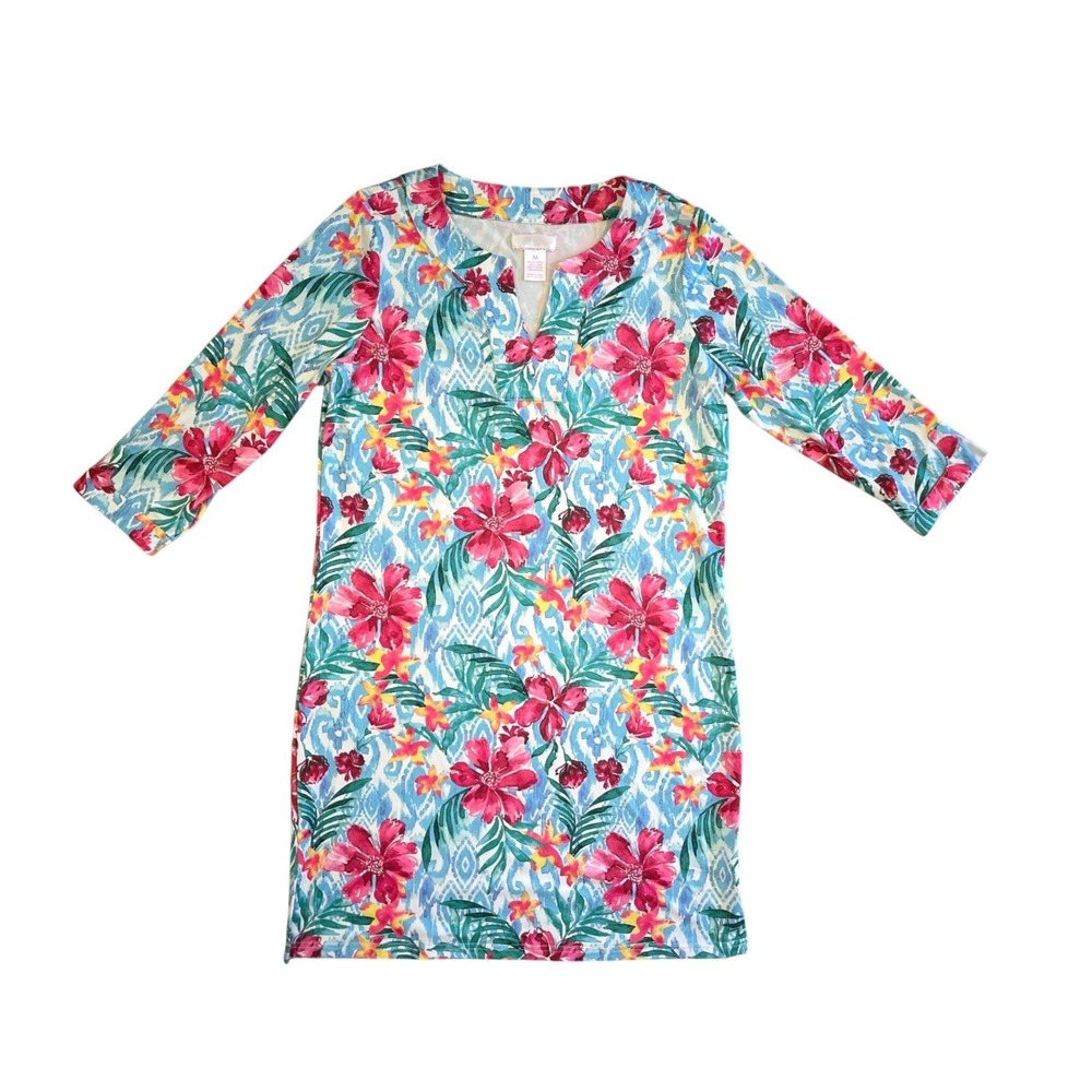 Stella Parker Island Collection Tropical Floral Tunic Shift Dress Pink Blue M